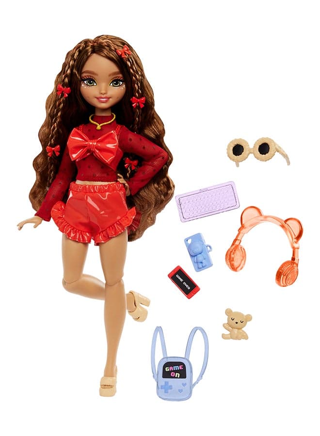 Dream Besties Doll and Accessories, Teresa Posable Fashion Doll with Brown Hair and Hair Clips, 10 Video Game Themed Pieces