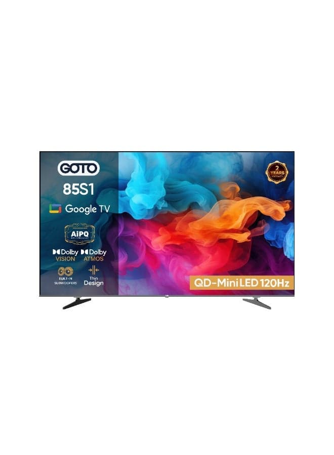 GOTO 85 inch Google TV 85S1 (2026), 4K UHD HDR10 QD-MiniLED, Multizone Local Dimming, Smart TV with Voice Remote, Quad Core Processor, AiPQ, 120Hz VRR Gaming, MEMC, Built-in Subwoofer, Built-in Chromecast, Dolby Vision & Atmos, 2.4GHz/5GHz WiFi, Bluetooth 5.1, Frameless, 2-Year Warranty