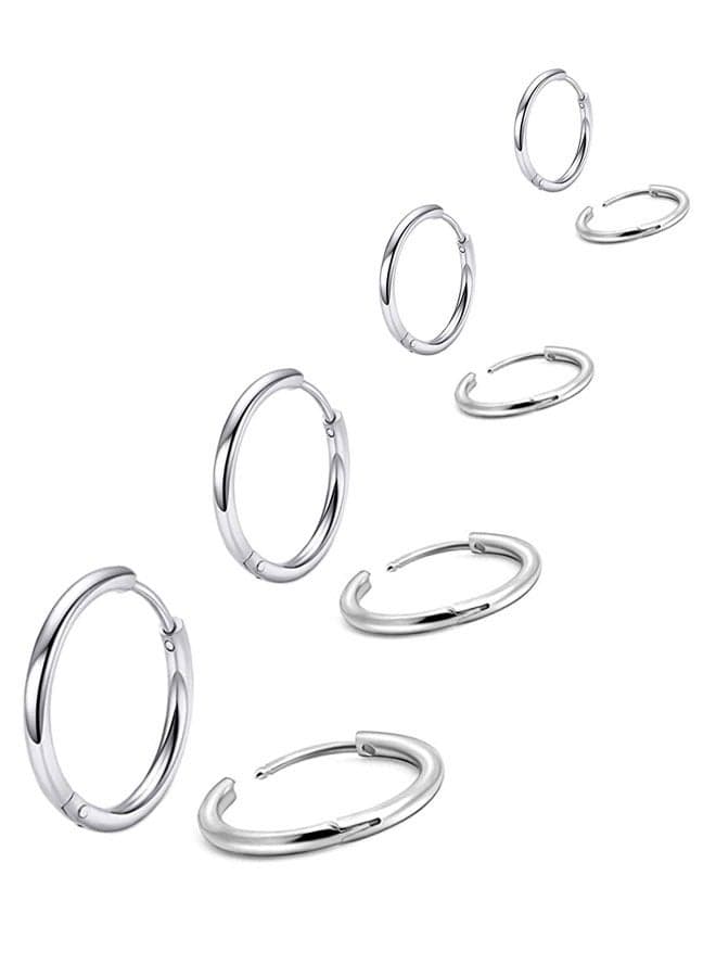 4 Pairs Small Hoop Earrings Stainless Steel 6mm/8mm/10mm/12mm Hypoallergenic Earrings Cartilage Helix Lobes Hinged Sleeper Tiny Hoop Nose Earrings Body Piercing Jewelry 1.6mm/14G Silver