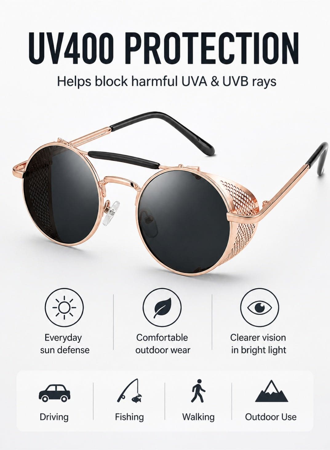 Steampunk Polarized Sunglasses for Men Women with UV400 Protection, TR90 Frame Round Side Shield Sunglasses with Spring Hinges, Vintage Driving Fishing Shades