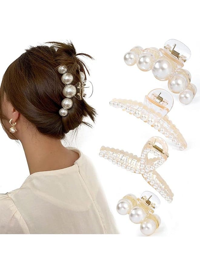 4 PCS Large Pearl Hair Claw Clips for Women Girls, Hair Barrette Clamps for Thick Thin Hair, Fashion Hair Accessories Headwear Styling Tools for Party Wedding