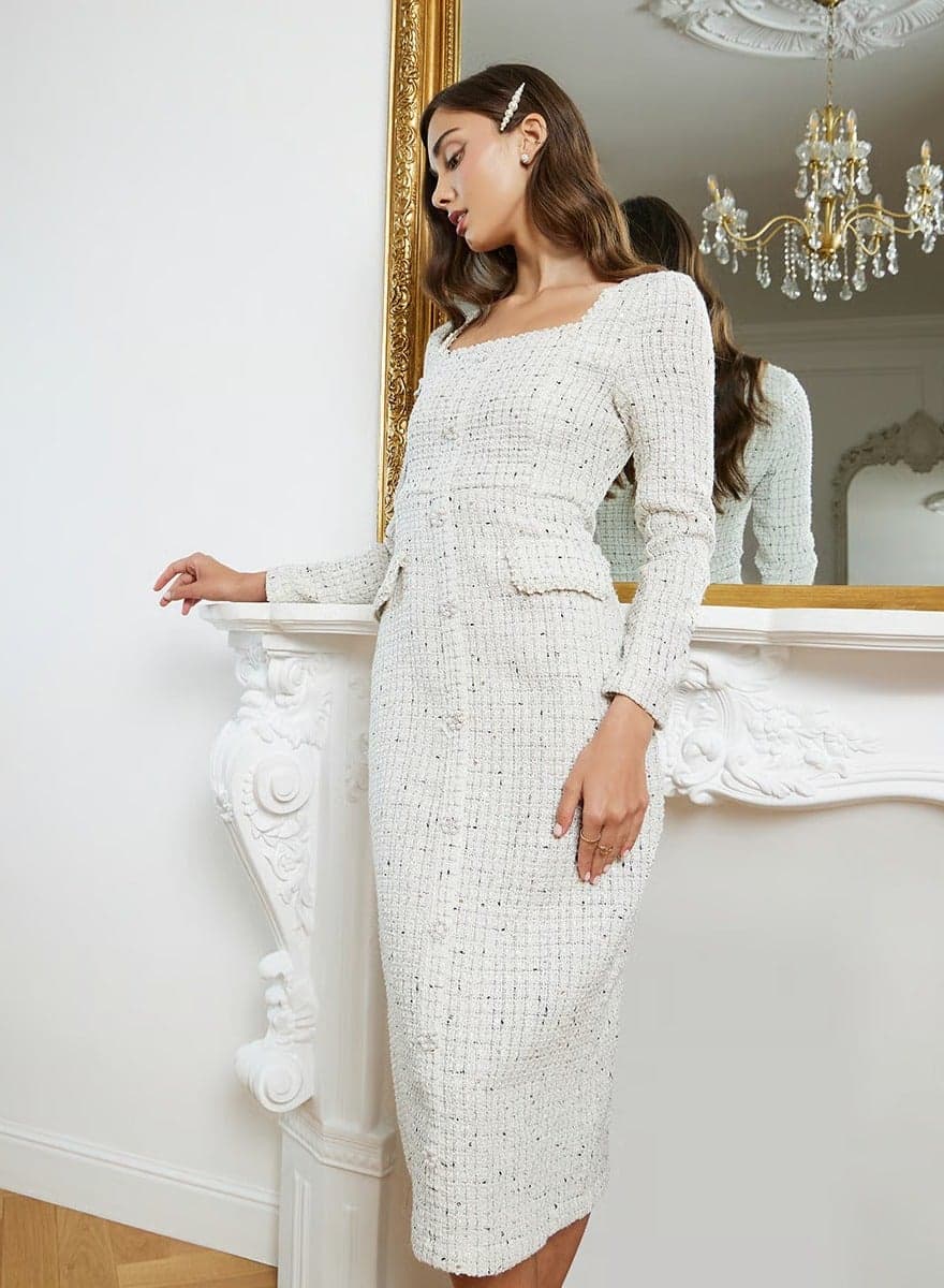 Women Tweed Look Evening Sheath Dress
