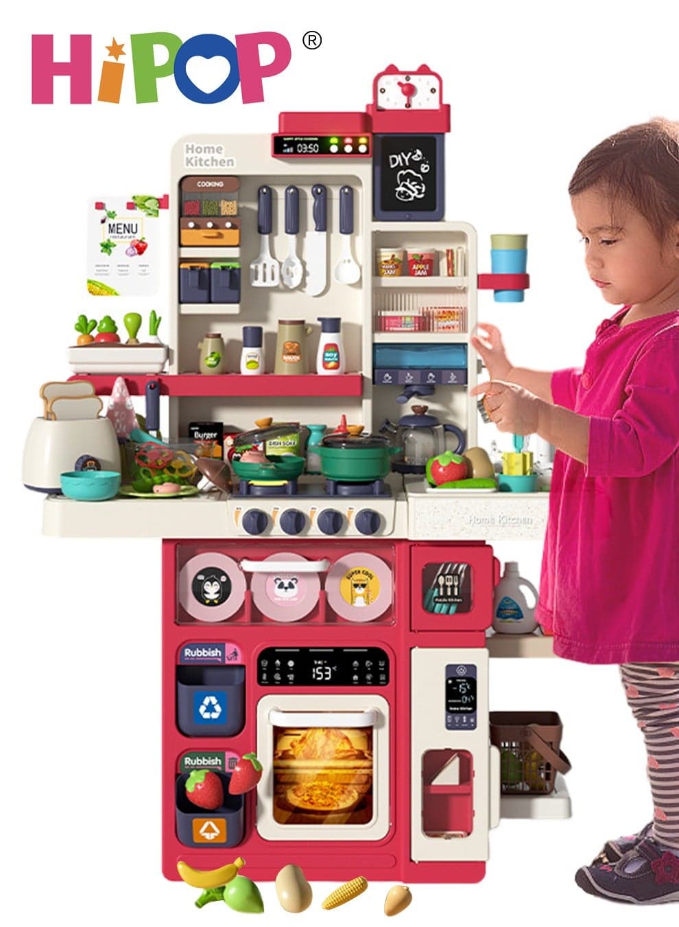 100cm High Kitchen Playset for Kids,Rich Realistic Details Include Steam,Light,Water,Sound,101pcs Accessories,Separable Design Kids Pretend Kitchen Toys