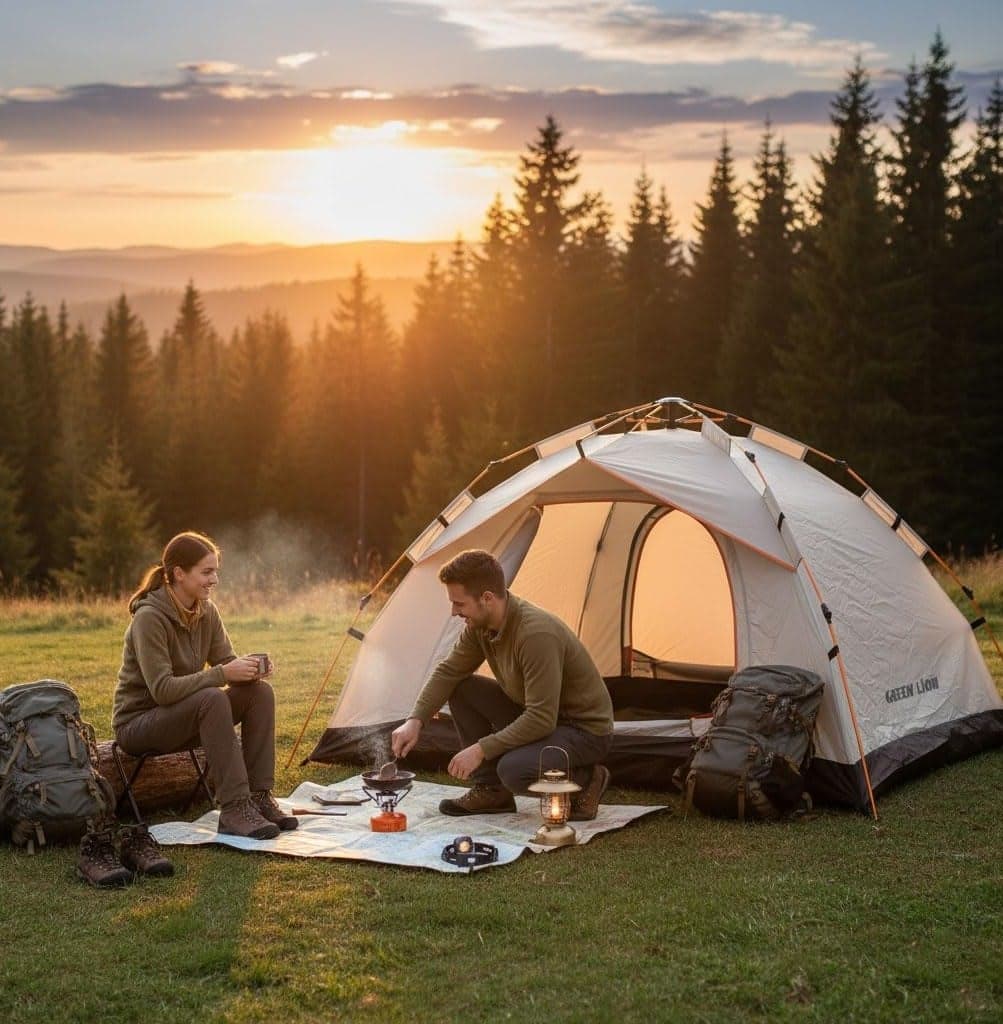 GT-3 Camping Tent, 3-4 People Capacity, 210D Oxford Floor, Polyester Silver Coating Fly, UV Protection, Lightweight, Waterproof, Ventilated Mesh, Windproof Rope - Beige