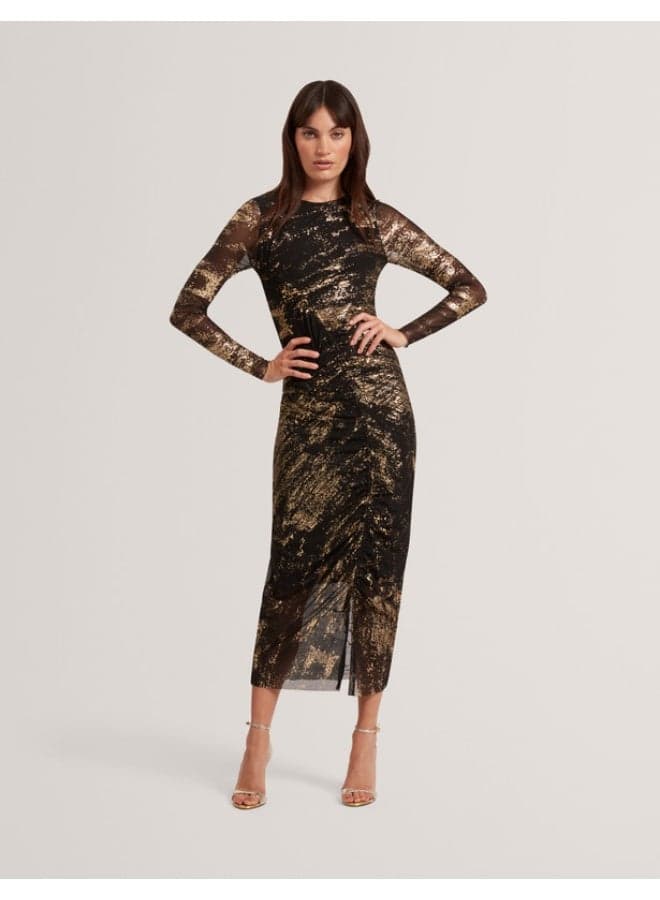 Foil Printed Long Sleeve Mesh Bodycon Dr