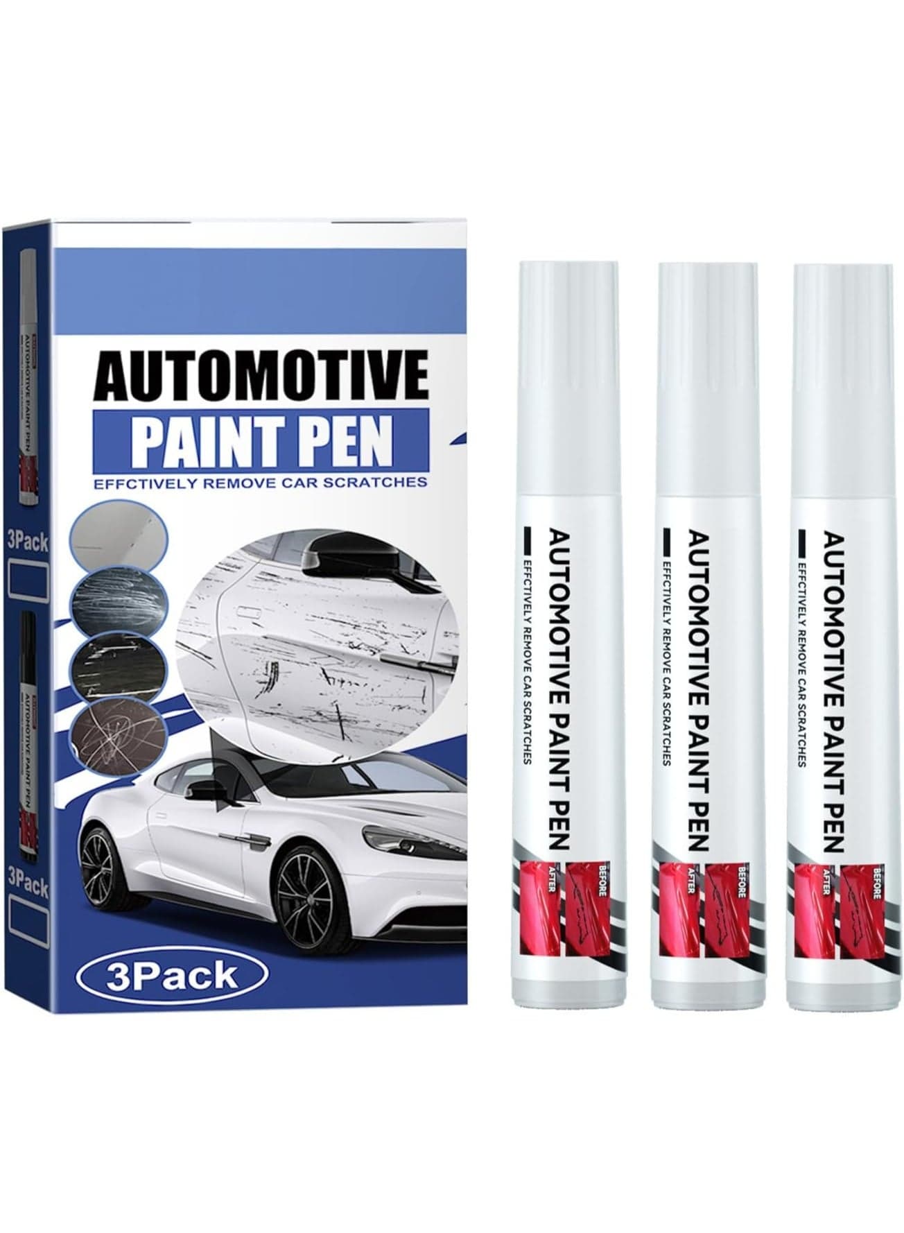 2 in 1 Car Touch Up Paint Pen Set (3 PCS) – Exact Color Match for Black & White Cars, Quick Fix for Scratches & Paint Damage, Waterproof, Quick Drying & Safe, Upgraded Soft Pen Tip (WHITE)