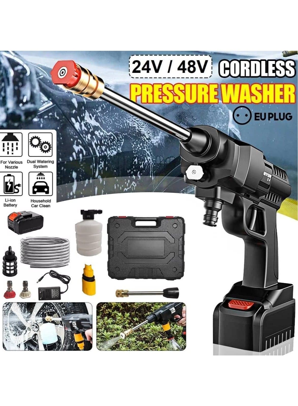 48V Cordless Portable Washer Electric High Pressure Cleaner Machine 200W 30Bar Lithium Handheld Car Cleaning Device With Foam Generator Nozzle Water Pump (Case Pack - EU Plug)
