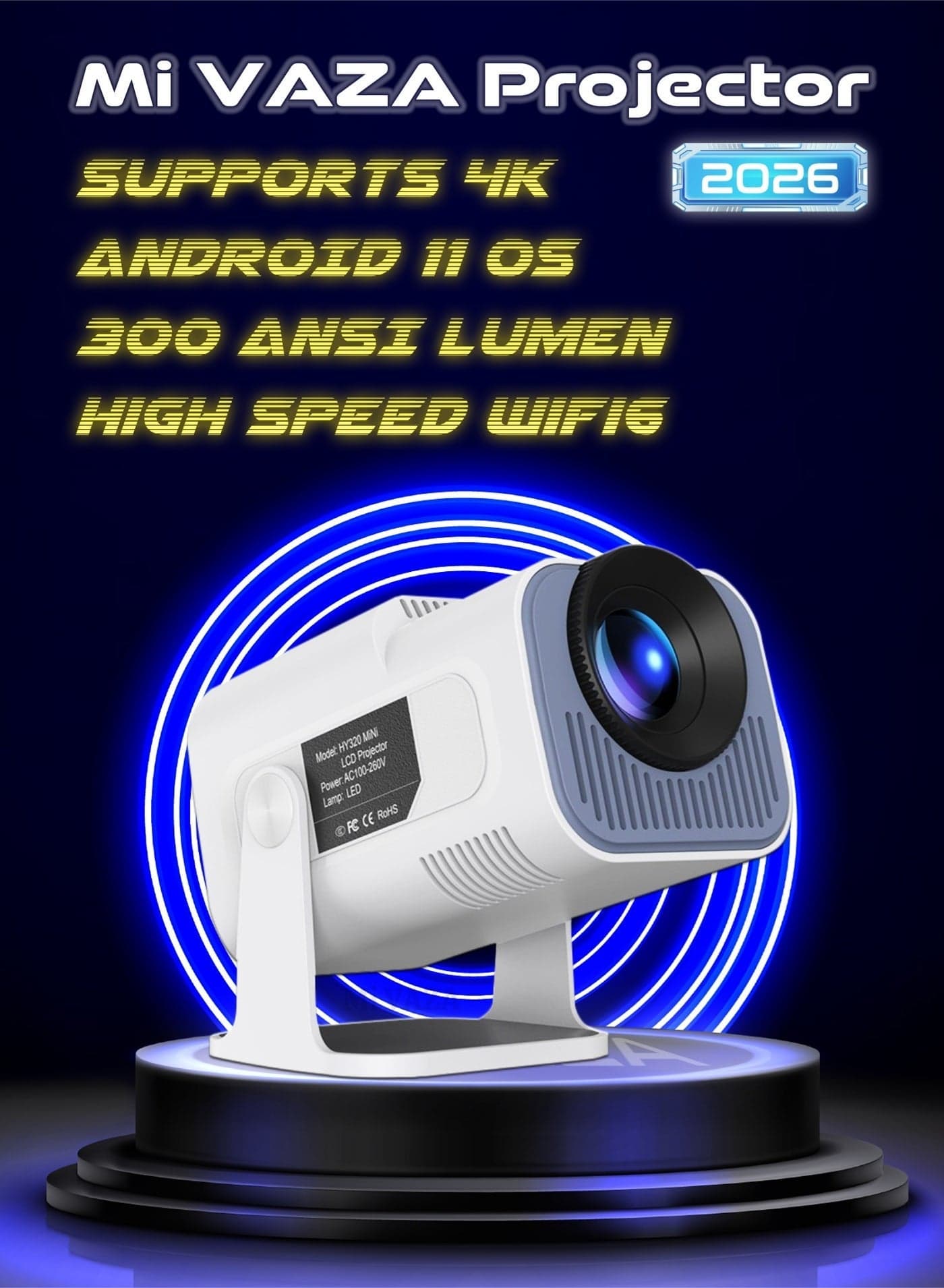 Portable HD Projector - Support 4K - Smart Projector with 5G Dual-band Wifi and Bluetooth 5.0 - Mobile Home Theater - Compatible With Android/iOS/Windows/TV Stick/HDMI/USB