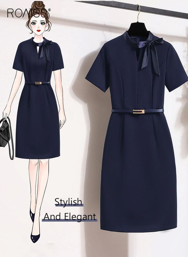 Women's Short Sleeve Sheath Dress Elegant Professional Dress Featuring a Sophisticated Tie-Neck Flattering Belted Waist, and Convenient Invisible Back Zipper for the Modern Professional Woman, Perfect for Office Wear, Business Meetings, and Formal Occasions