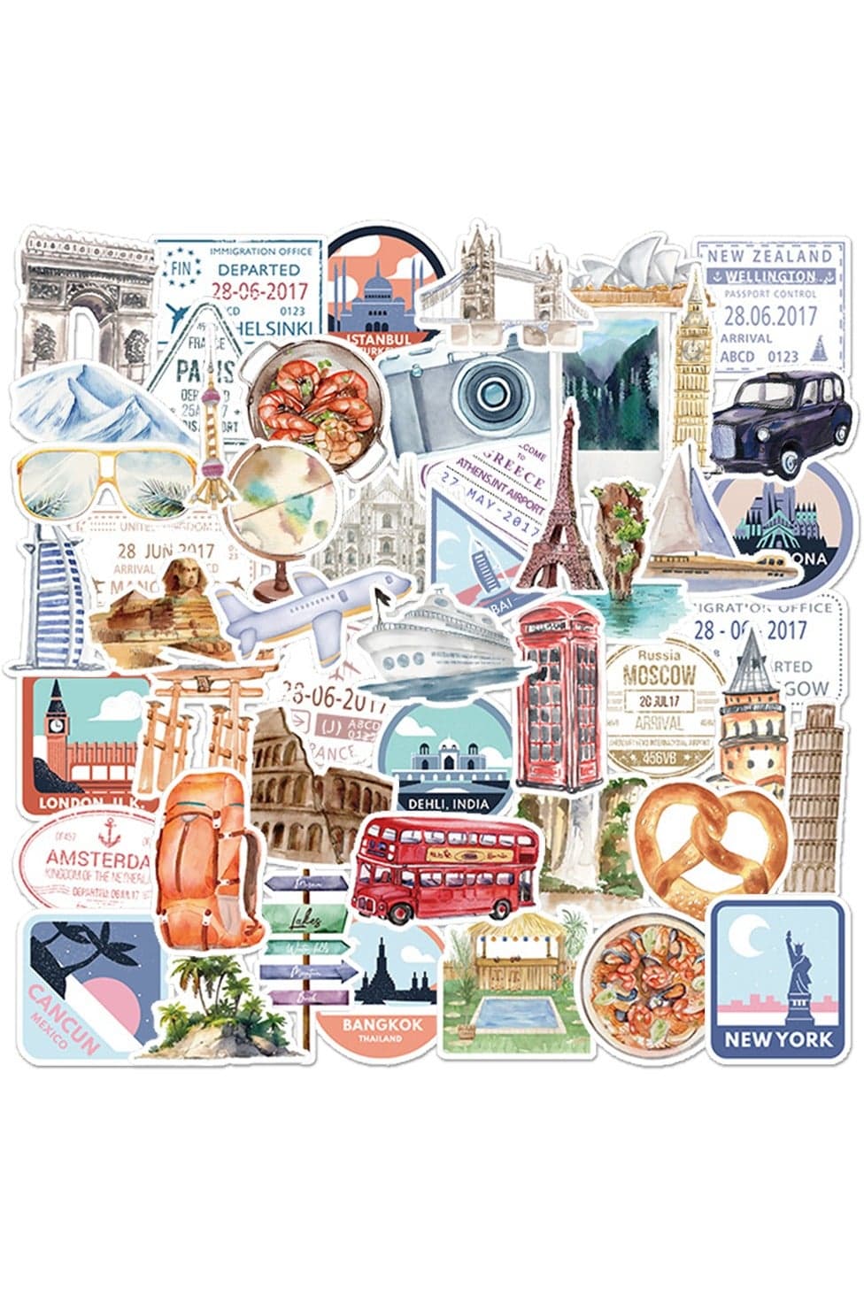 50-Piece Waterproof Travel Visa Postmark Stickers - Vinyl Decals for Laptop, Luggage, Scrapbooking, Suitcase, Water Bottle, Worldwide Travel Theme