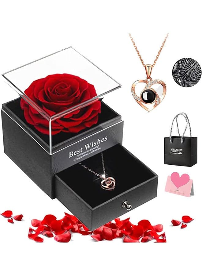 Preserved Flowers Gift Box Set Forever Red Rose with Necklace for Mom Daughter Girlfriend Wife on Anniversary Wedding Birthday