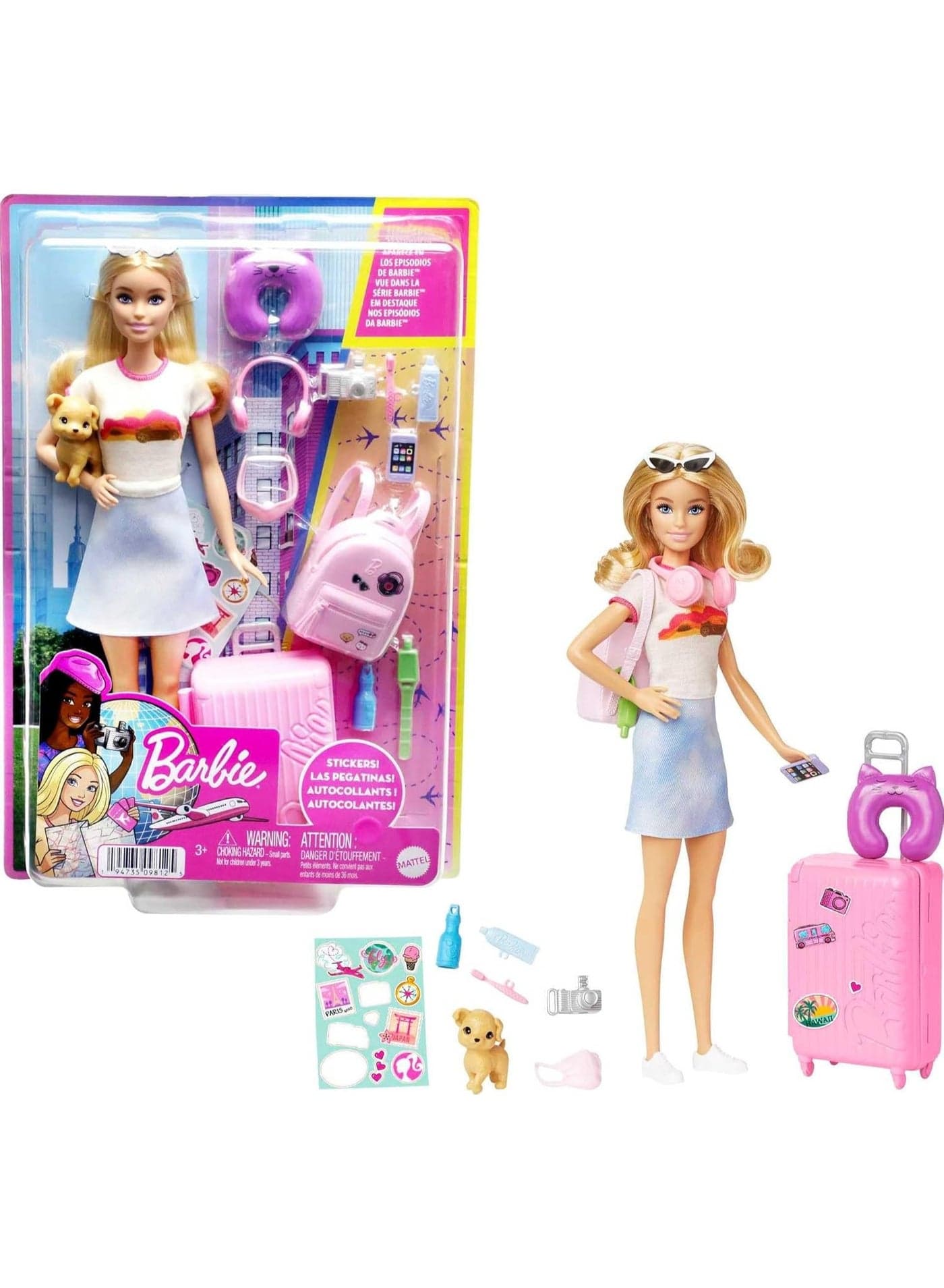 Doll and Accessories, “Malibu” Travel Set Refreshed with Puppy and 10+ Pieces Including Working Suitcase