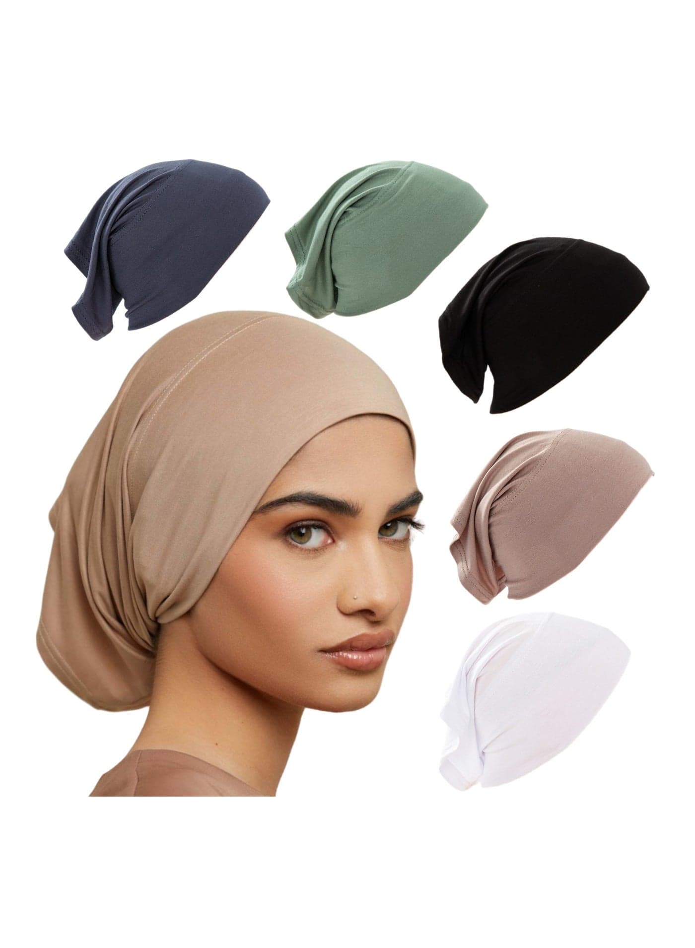 Hijab Caps 5 Pack Modall Silky Cotton Underscarves, Stretchy Straight Cut Hats in 5 Colors, Moisture-Wicking & Breathable, for Sports, Work, & Daily Commuting 24.5x10cm, Versatile Headscarf