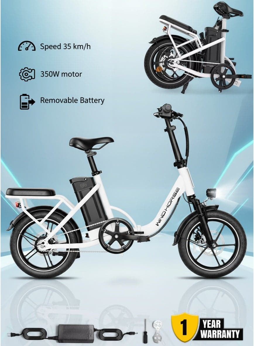 W2B Folding Electric Bike with 350W High Speed Motor, 36V 8AH Battery, 40 KM/H Speed, 35 KM Range, Dual Disk Brakes, Carbon Alloy Frame and 16 Inches Tires, Front Suspension Fort, Portable Electric Bike with Dual Seat