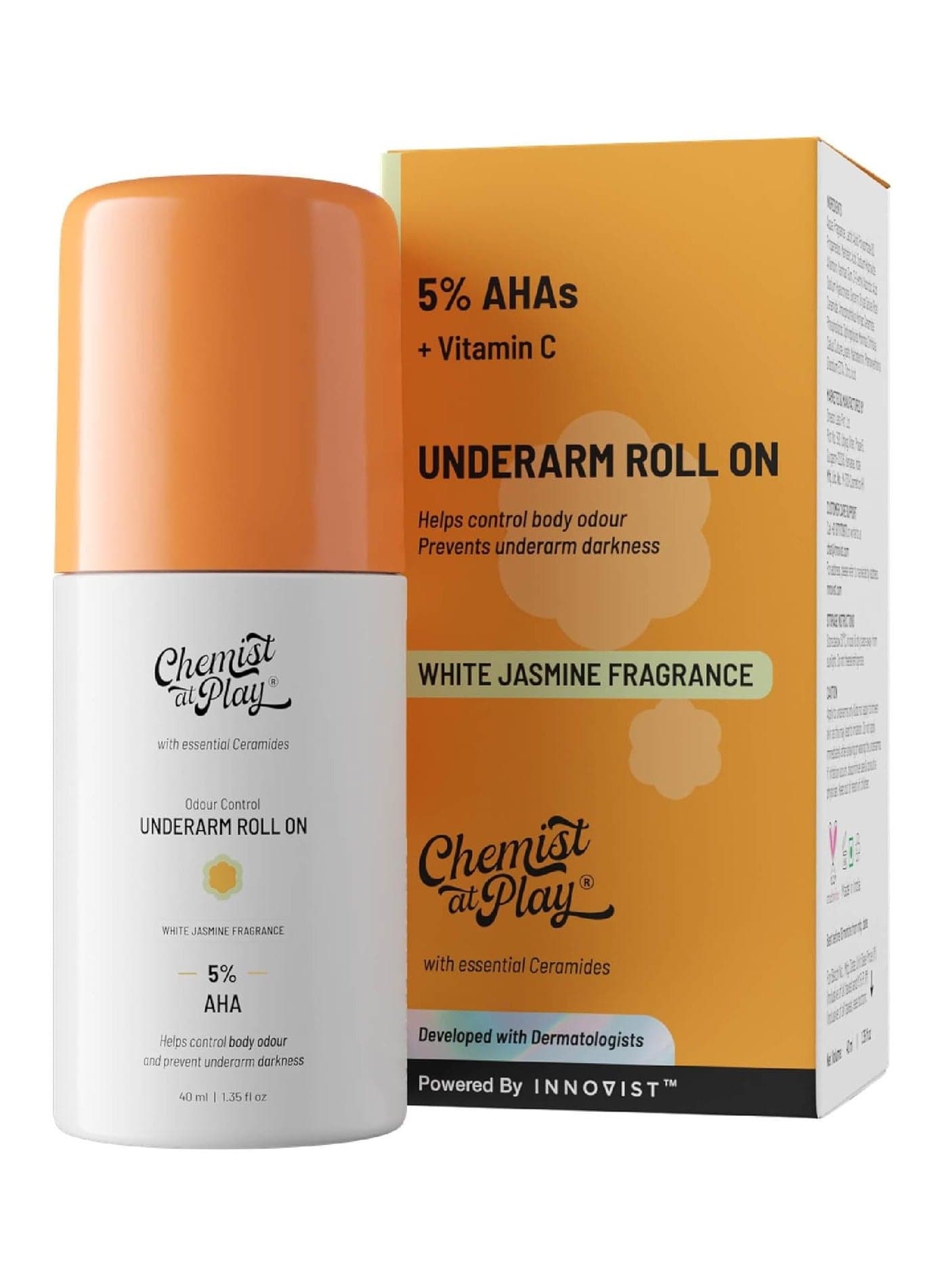UnderArm Roll-On with 5% AHA, Lactic Acid & 1% Mandelic Acid | Prevents Body Odour, Brightens Skin & Exfoliates Underarm | For Sensitive Skin |White Jasmine Fragrance|Alcohol Free-40ml