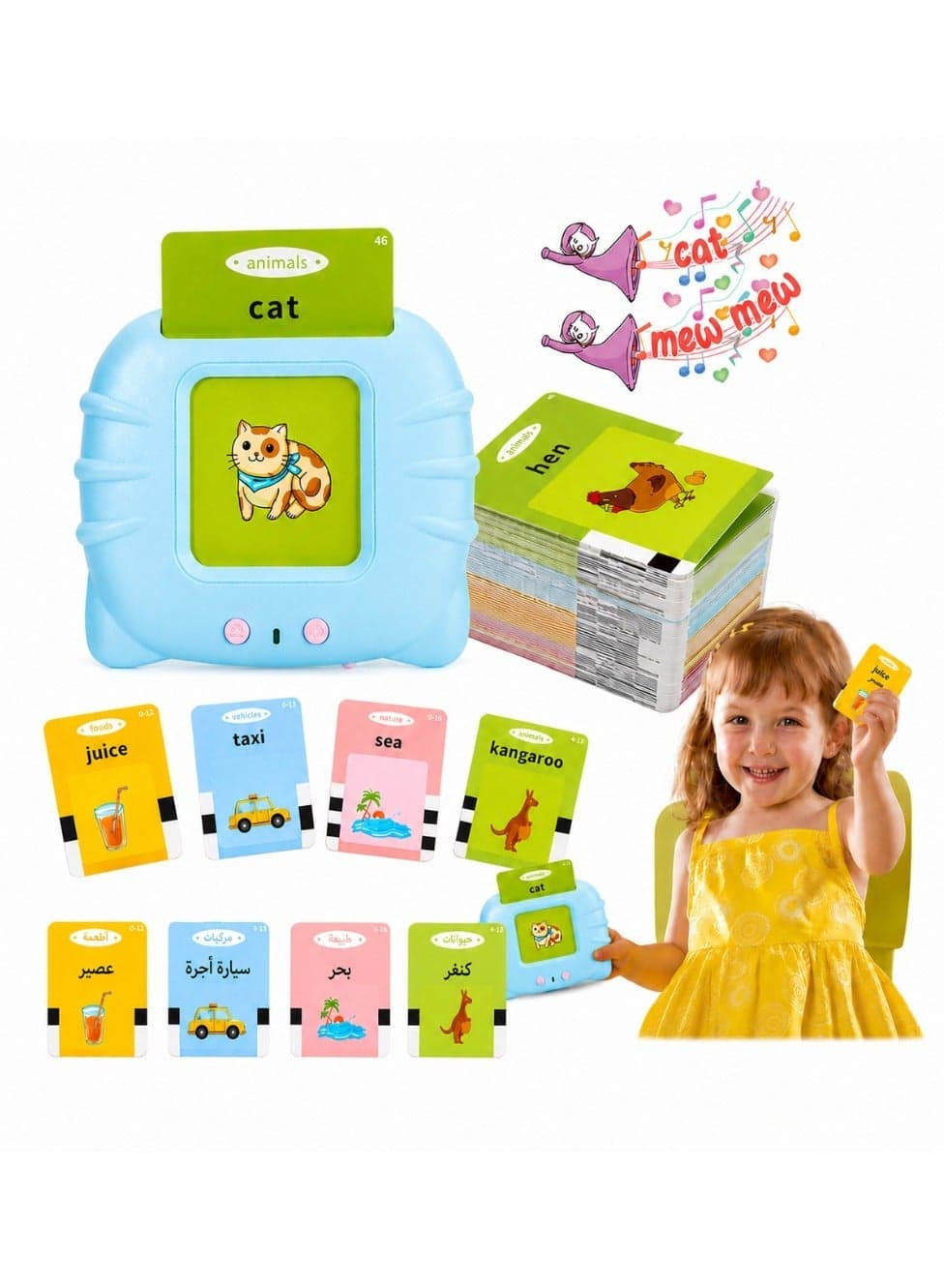 Arabic English Alphabet Talking Flash Cards for Kids Learning Arabic Letters 224 Basic Sight Words Arabic Learning Toys for Toddlers - Blue