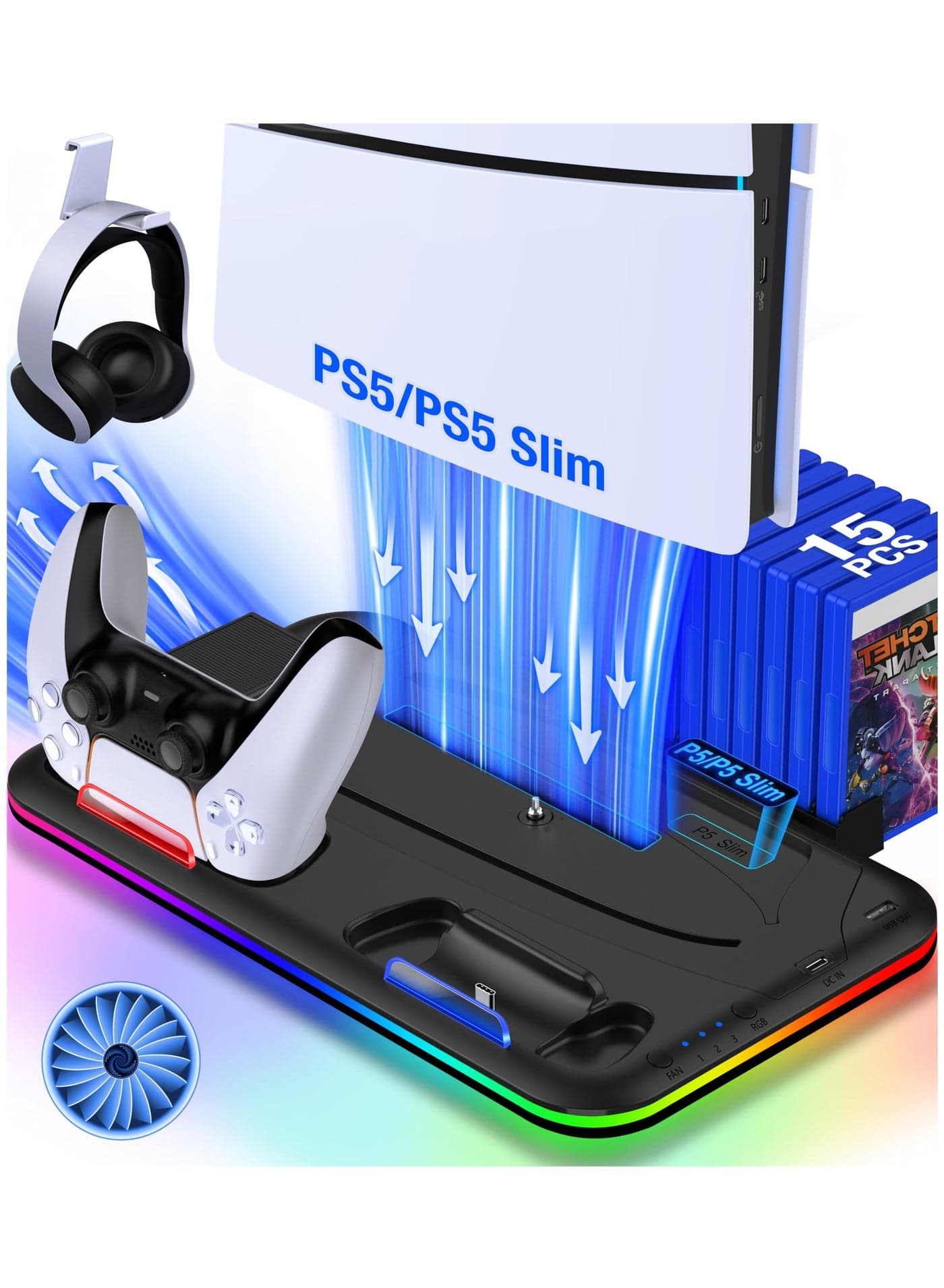 PS5 Stand, PS5 Slim Stand with Cooling Station and Controller Charging Station for PS5 Slim Console Disc/Digital, PS5 Accessories-Cooling Fan, RGB LED, Headset Holder, 15 Game Slot for Playstation 5