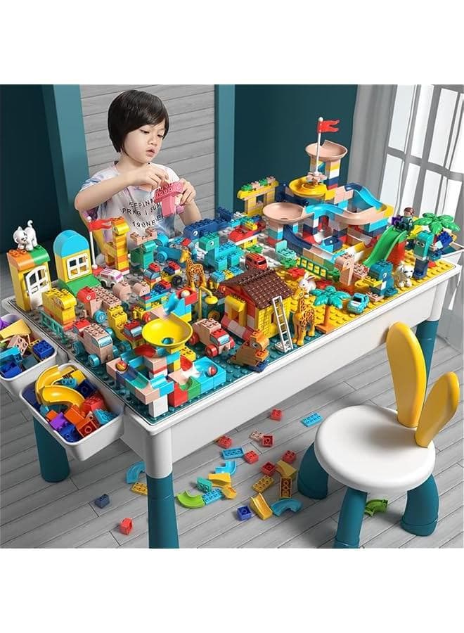 502pcs Kids Activity Table Set With 2 Chairs 4 Storage Boxes and Large Size Blocks Table, Kids Multi-Functional Educational Block Table With Storage