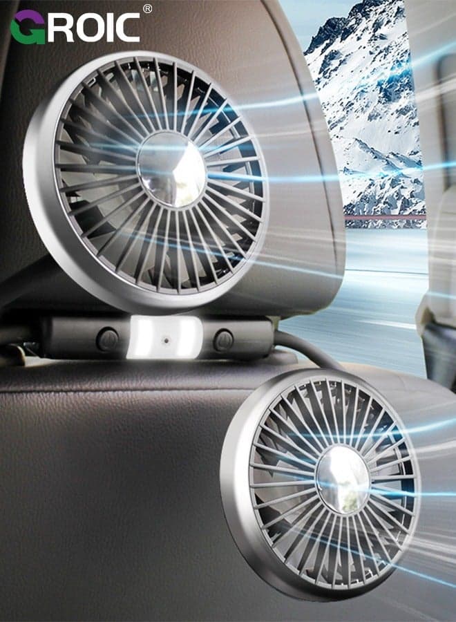 Car Fan for Backseat, Dual Head Hose Car Seat Fan with Led Lights, Portable USB Fan for Car, 3 Speeds and 360 Degree Rotatable Cooling Car Fans for Vehicles RV SUV Truck