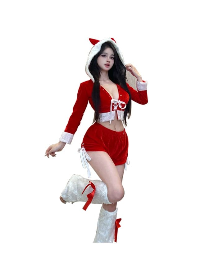 Women’s Christmas Furry Cat Costume – Red Velvet Hooded Crop Top & Shorts Set with Ears, Fur Trim, Lace-Up Front & Furry Leg Warmers (Free Size 40–60 kg)
