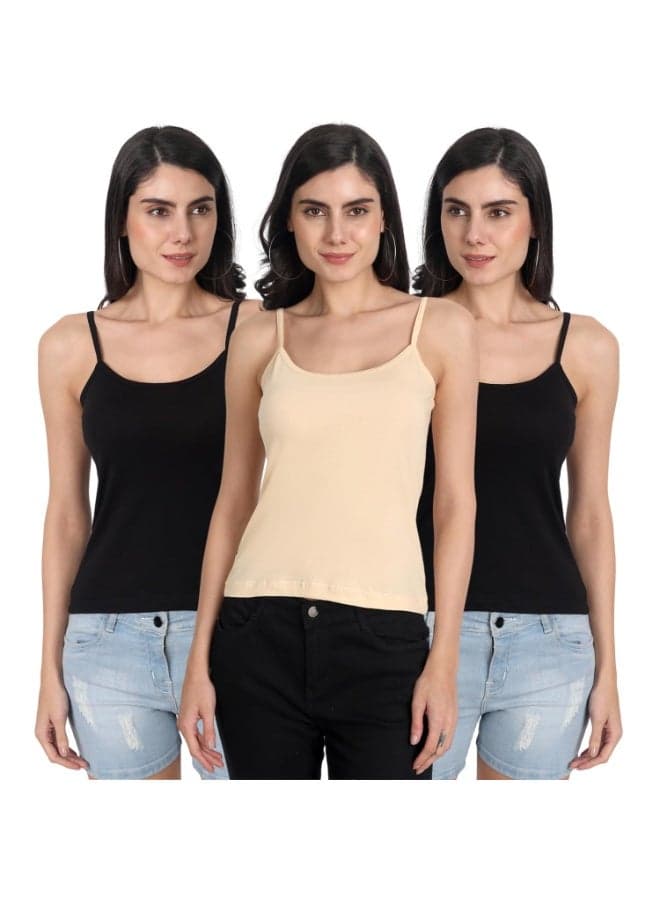Aimly Women's Regular Fit Cotton Camisole Slip Spaghetti Black Beige Pack of 3, Contains 2 Black 1 Beige