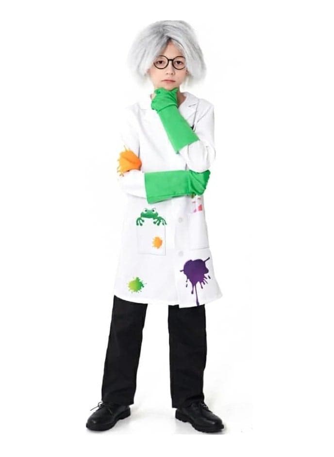 UKR Kids Scientist Lab Coat Costume Set – Explorer Dress Up with Wig, Gloves, Bowtie & Glasses (Ages 4-7, 110-125 cm) | Role Play & Stage Performance (Small)