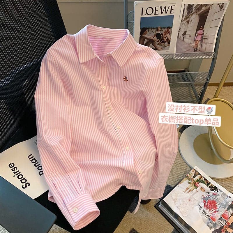 Striped Polo Collar Design Niche Shirt Womens Spring and Autumn New Sweet Western Style Long Sleeve Shirt Top Pink