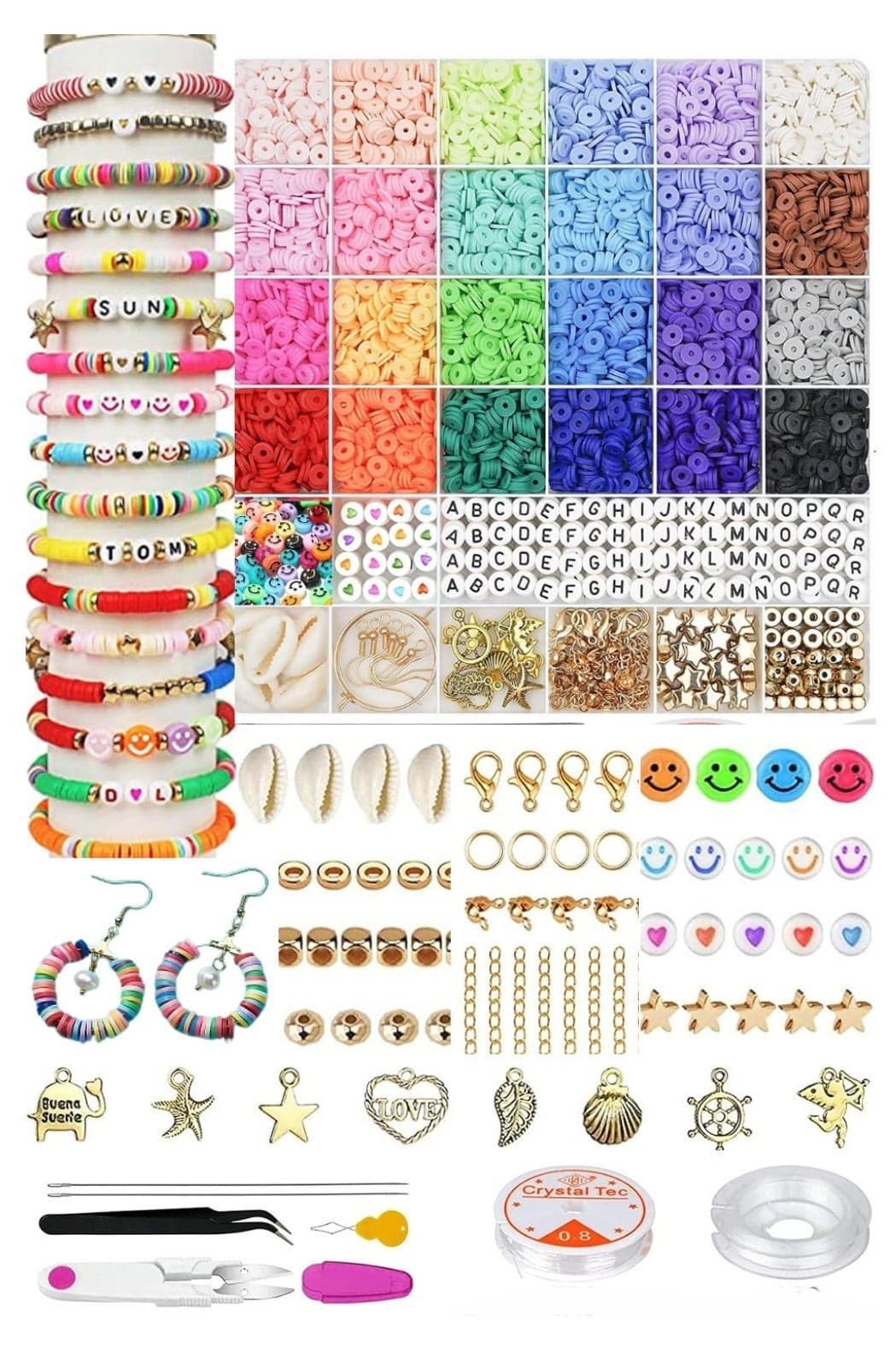 Bracelet making kit, 6000+ Clay Beads for Bracelet Making - DIY Jewelry Set with Pendant Charms, Elastic Strings, 24 Colors Flat Preppy Beads for Bracelets, Necklace, Earrings