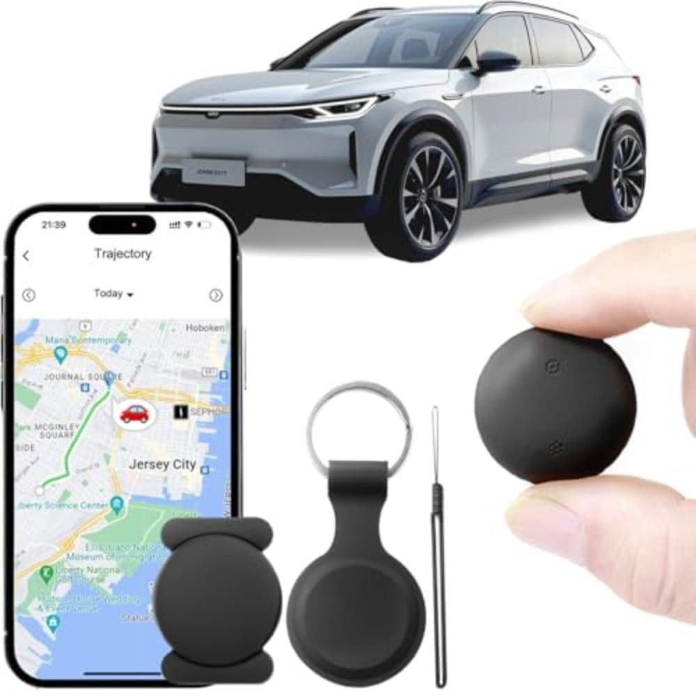 Car Tracker 1 pc for vehicle owners, magnetic Bluetooth GPS locator with global positioning, 1-year battery life, black, alerts via Android and iOS apps, includes keychain strap and mount