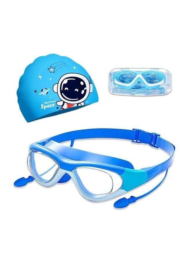 Swimming Goggles with Earplug, Swim Cap for Kids, Silicone Cartoon Swim Cap, No Leaking Soft Silicone Protection Lenses Waterproof Goggles for Children