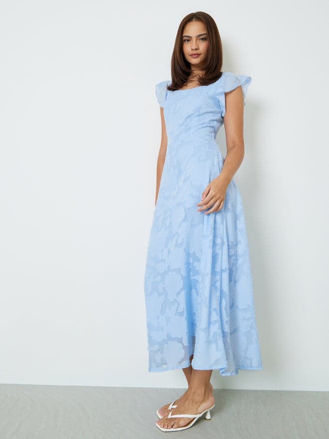 Styli Blue Square Neck Jacquard Maxi Dress
