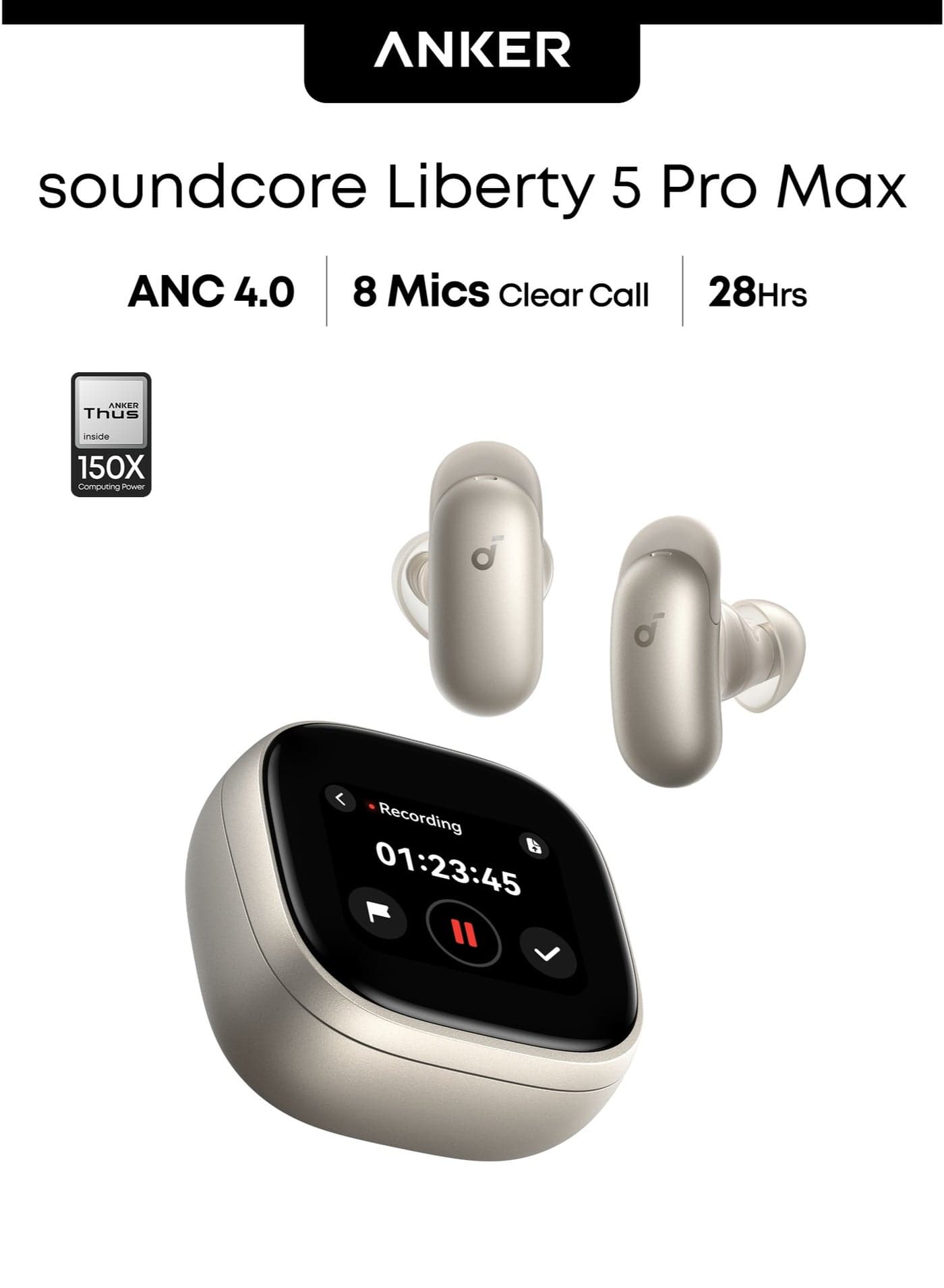 Anker soundcore Liberty 5 Pro Max, AI Note-Taker, Whisper-Clear Calls, Noise Cancelling Wireless Earbuds, 1.78" AMOLED Display, 5 Mins Charge = 4 Hrs Playtime, AI Meeting Transcription for Business Titanium Gold