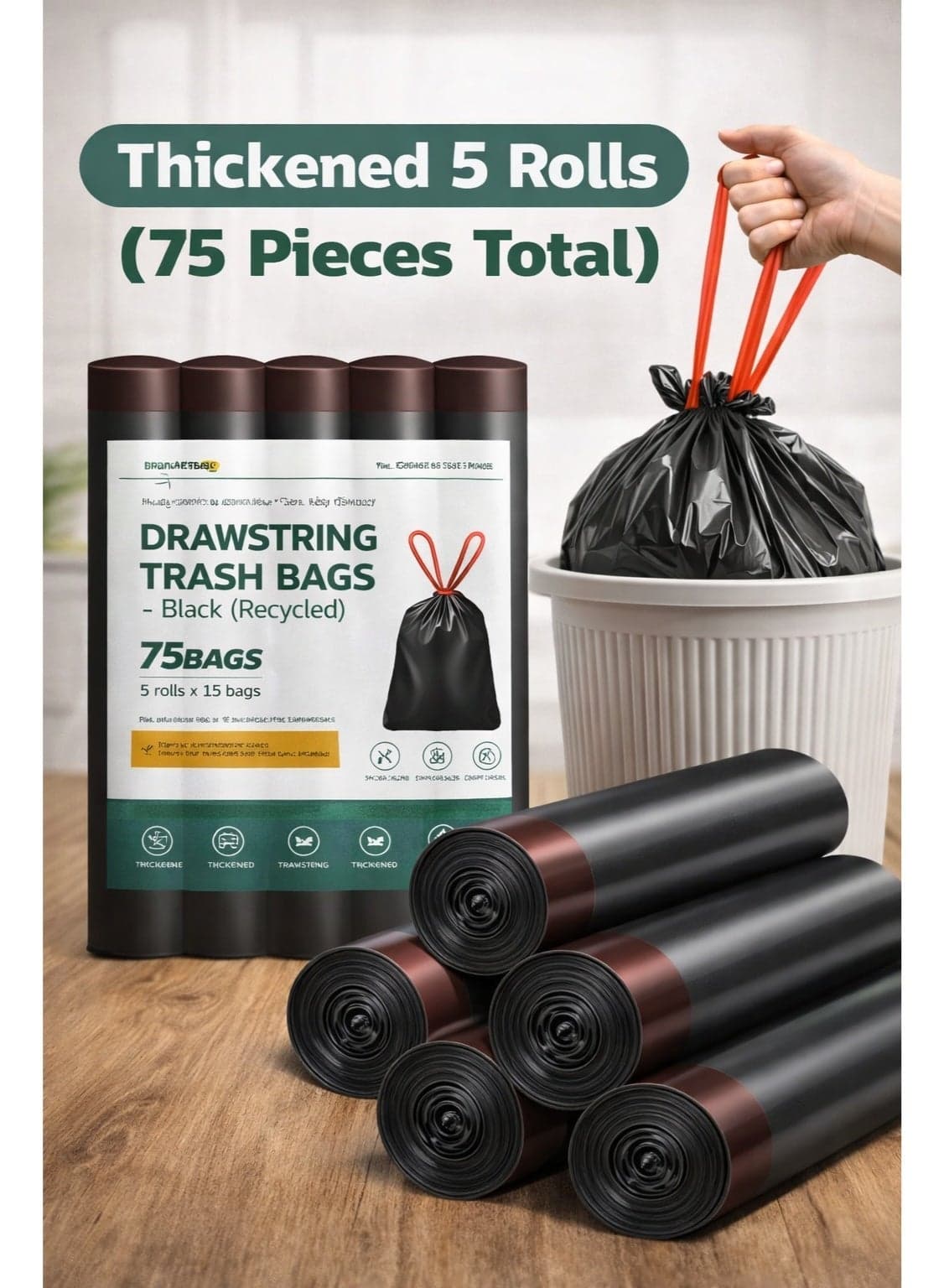 5Roll*15PCS / Drawstring Trash Bags Thickened ,Leak-Proof ,Heavy Duty ,5 Rolls Black Garbage Bags for Kitchen and Home