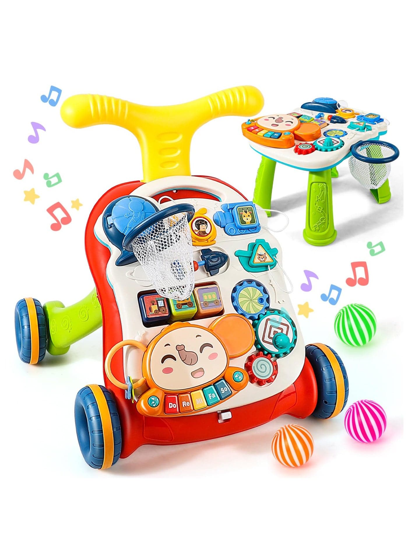 2 in 1 Baby Push Walker and Activity Center for boy, Sit to Stand Walker for Babies 12 Months+, Baby Walking Toys with Music Panel for Infants, Push Toys for Toddlers Learning to Walk Red
