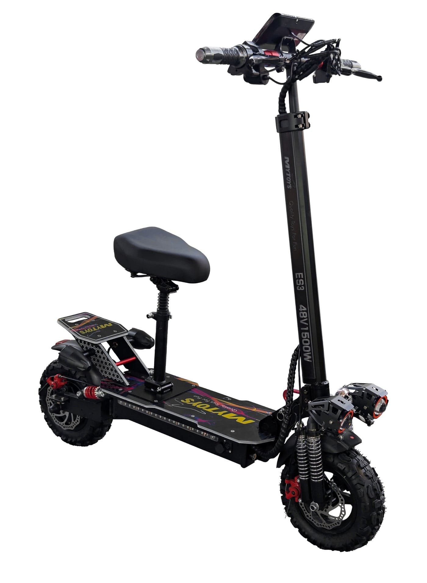 Mytoys High Speed Adult Electric Scooter 1500W Brushless Motor up to 65km/H Speed, 40-45Km Long Range, 48V13Ah Battery, LED Screen Display, Foldable, Dual Front and Rear Shock Absorber with Bluetooth Speaker, 11" Off Road Tires LED Lights, Turn Signals, Colorful LED light standing Deck – MT600