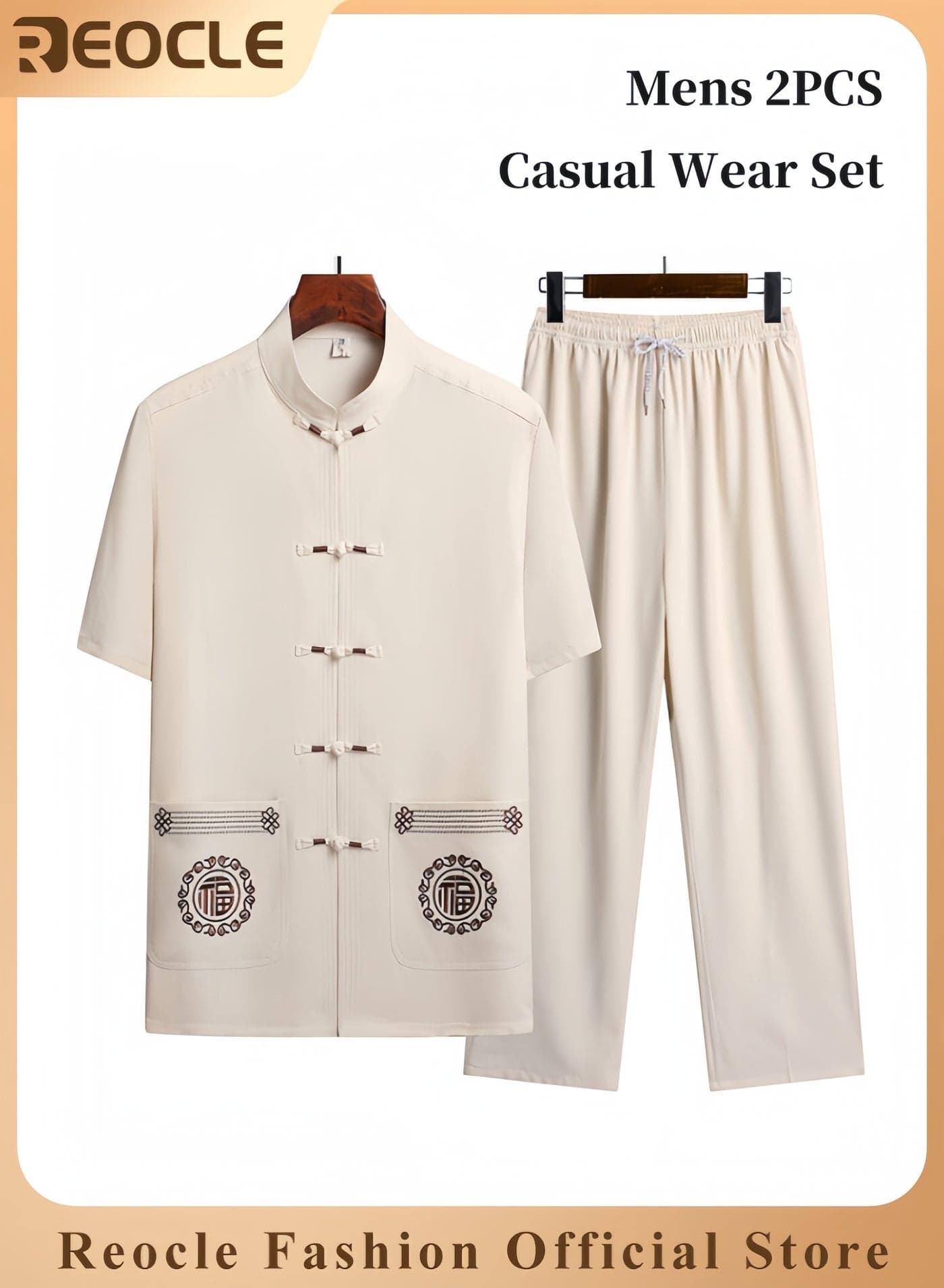 Mens 2PCS Set Sophisticated Casual Wear Set Chinese Embroidery Kungfu Suit Set Men Summer Short Sleeves Cotton and Linen Shirts and Pants