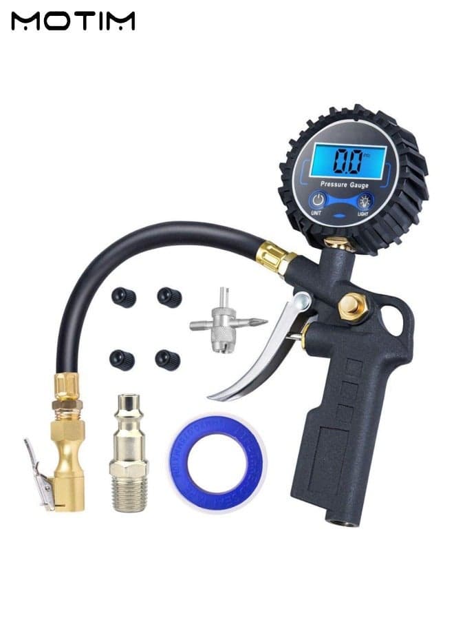 Digital Tyre Pressure Gauge 250 Psi with Air Chuck And Compressor Accessories, Digital Tire Inflator Deflator, with Rubber Hose and Quick Connect Coupler, 0.1 Display Resolution