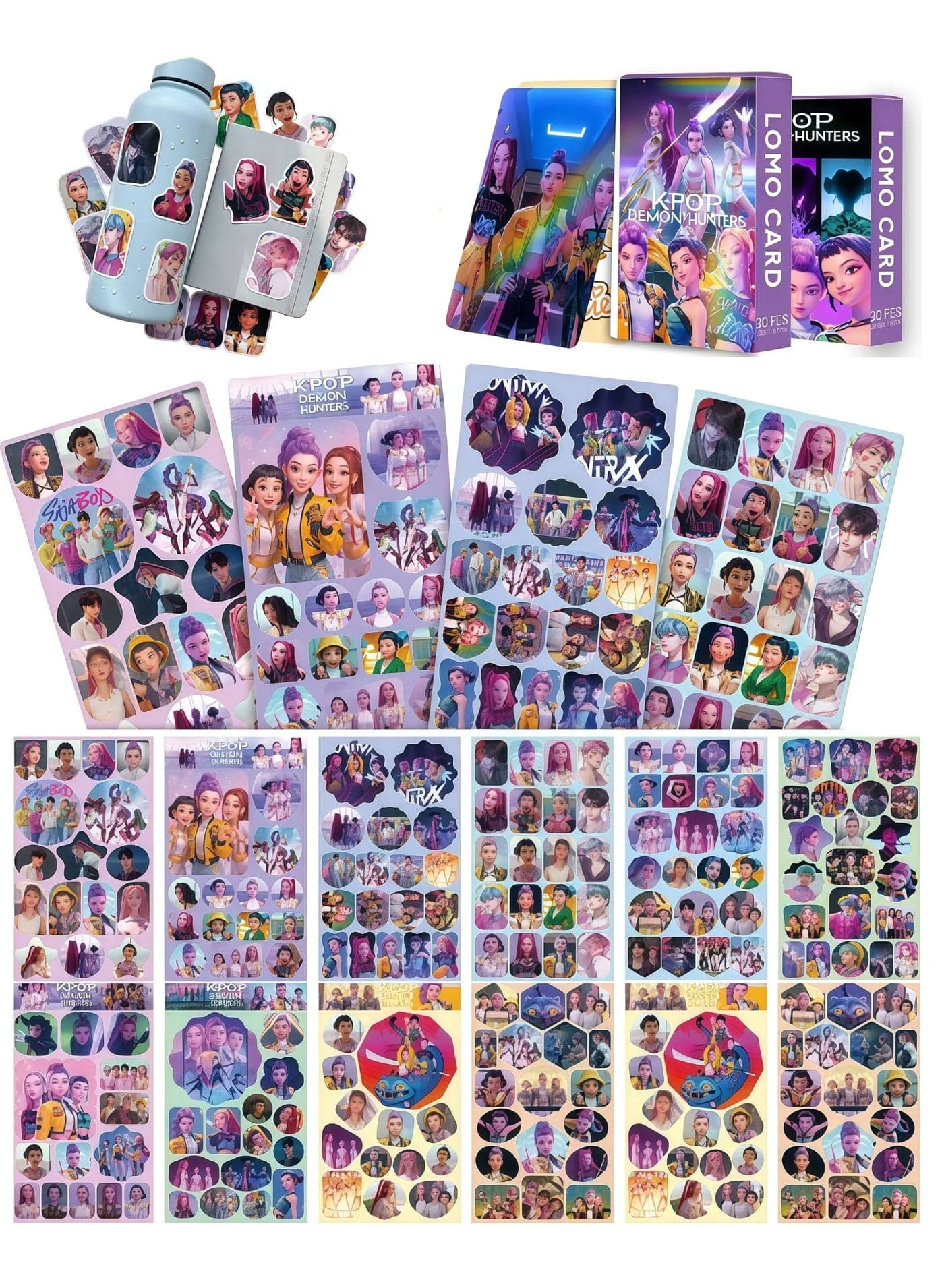 12 Sheets/Set KPop Demon Hunters Stickers and 50 Cps Laser Flash Card for Journal Handbook Anime Collection