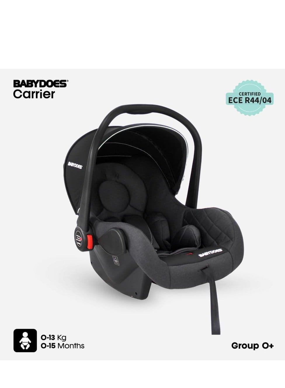 CARRIER - Infant/Baby/Kids Car Seat with Full Body Support Cushion, Adjustable Harness & Canopy, Rear Facing Seat, Carry Cot, 0-15 Months (Upto 13 kg) - Black