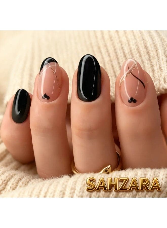 Black Nude Cherry Press On Nails Almond Glossy French Design False Nails with Gold Line Art 24PCS Full Cover Reusable Artificial Nails Salon Look Manicure Set