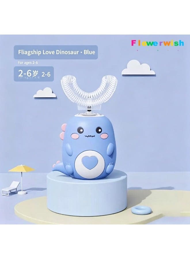 Kids U Shaped Electric Toothbrush, 360° Sonic Automatic Toothbrush with 3 Cleaning Modes, IPX7 Waterproof Cartoon Dinosaur Design (Blue)
