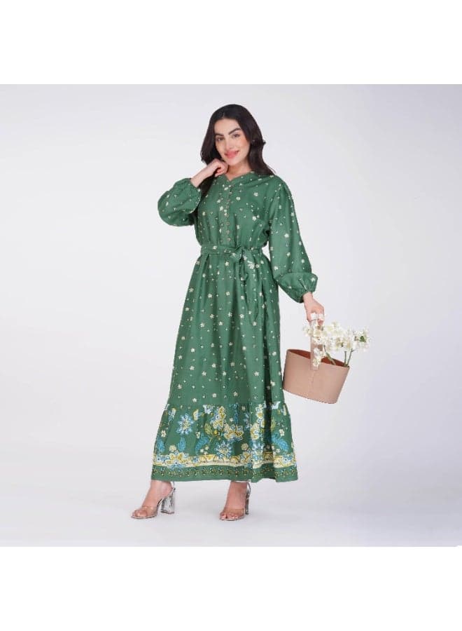 Linelle Rayon Maxi Dress – Floral Printed Design with Belted Waist For Women