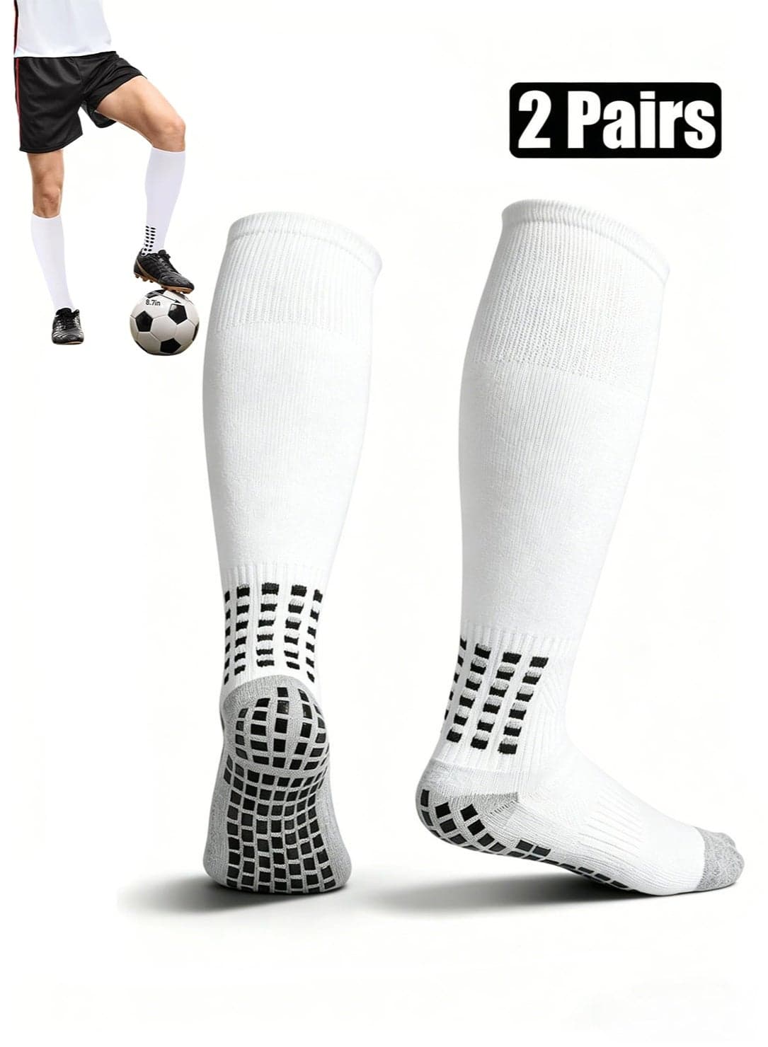 2 Pairs Non Slip Soccer Long Socks,Knee High Compression Football Socks with Grip,for Men Women,White