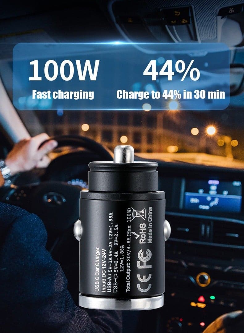 100W Fast Car Charger Dual USB Ports Fast Car Power Adapter PD30W iPhone 15 Car Charger Fast Charging USB Plug for Samsung, iPhone, iPad Pro/Air, Huawei, Oneplus, Xiaomi, etc black color