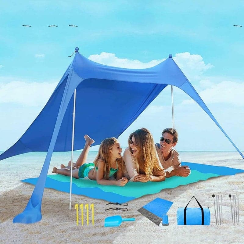 Beach Canopy Tent – 7x7 ft Sun Shade with UPF 50+ UV Protection, Sandbag Anchors, Aluminum Poles & Carry Bag – Lightweight Wind-Stable Shelter for Beach, Camping & Outdoor Trips, Beach Mat Included