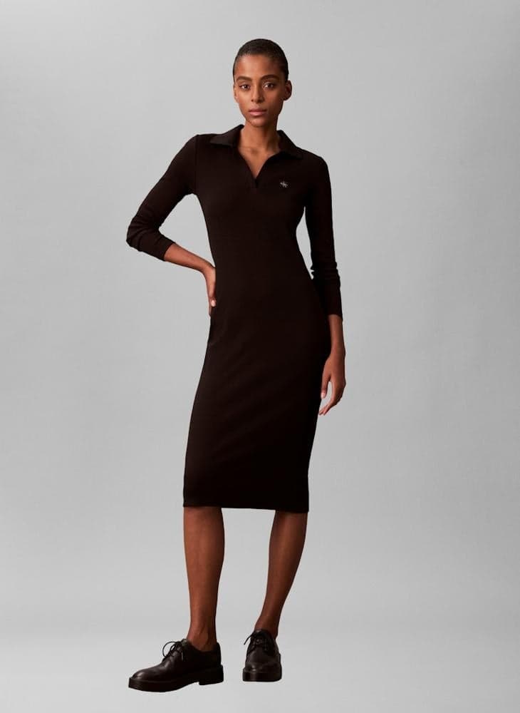 Long Sleeve Collar Neck Bodycon Midi Dress