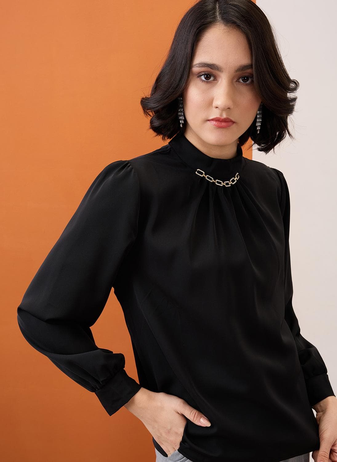 Globus Women Black Gold Chain Detail High Neck Cuffed Sleeves Pleated Workwear Top