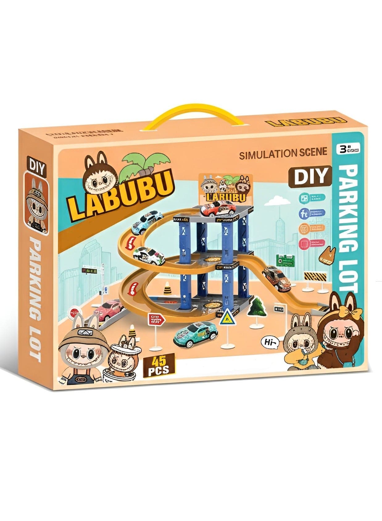 LABUBU DIY Parking Lot Toy Set 45 PCS – Multi-Level Tracks, 6 Cars, Road Signs & Ramps | Creative Building Playset for Kids 3+