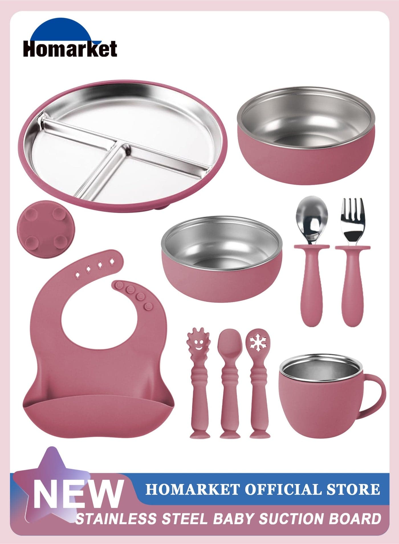 10 Pcs 304 Stainless Steel Kids Plates and Bowls Set Stainless Steel Suction Bowls and Toddler Cup with Removable Silicone, Forks Spoons Pocket Bib for Baby Toddle(Pink)