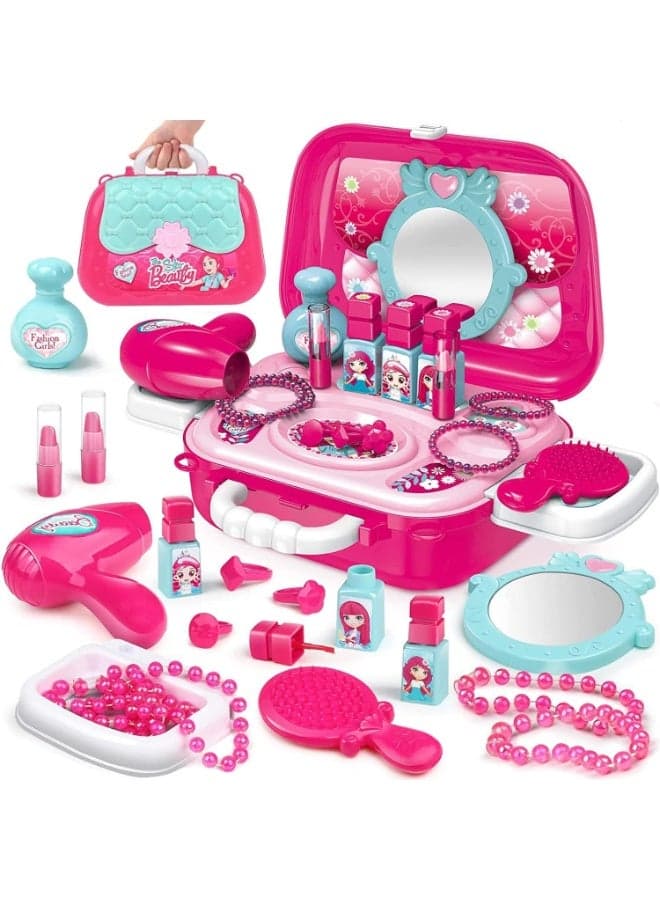 Makeup Kit Toy, 20 Piece Girls Makeup Toy Set Play Vanity Dressing Table with Hair Dryer Mirror Scissors and Brush Fashion Beauty Salon Cosmetic Palette Ideal Gift for Kids and Girls High Quality Roleplay Set